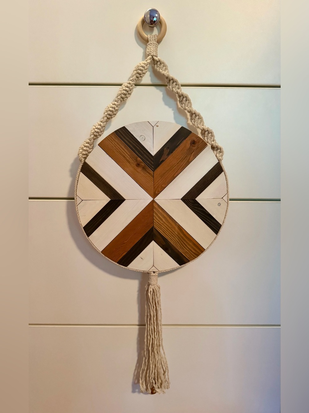 Handcrafted Geometric Wood Wall Hanging - White, Brown & Black